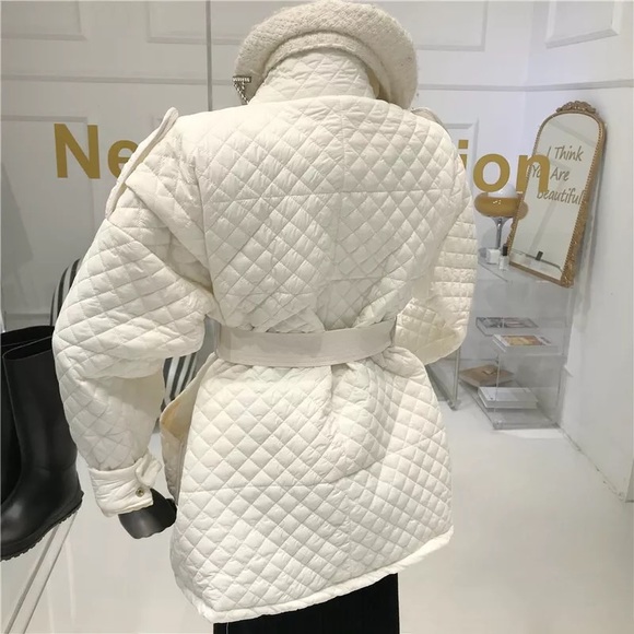 Quilted Jacket coat pocket belt British fashion white button winter outerwear - Picture 2 of 13